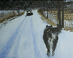 Dog and Snowmobile, Original oil painting by Catherine Orfald